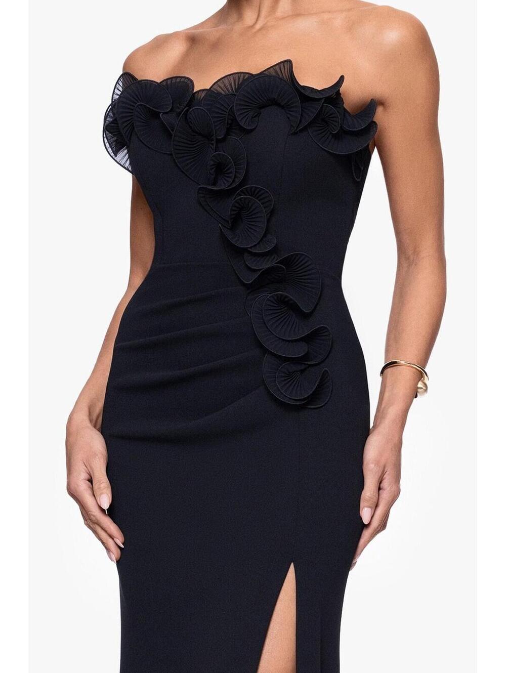 New Xscape KIMBERLY SCUBA CREPE CHIFFON RUFFLE STRAPLESS FLOOR LENGTH DRESS Sz 6 - Picture 2 of 11